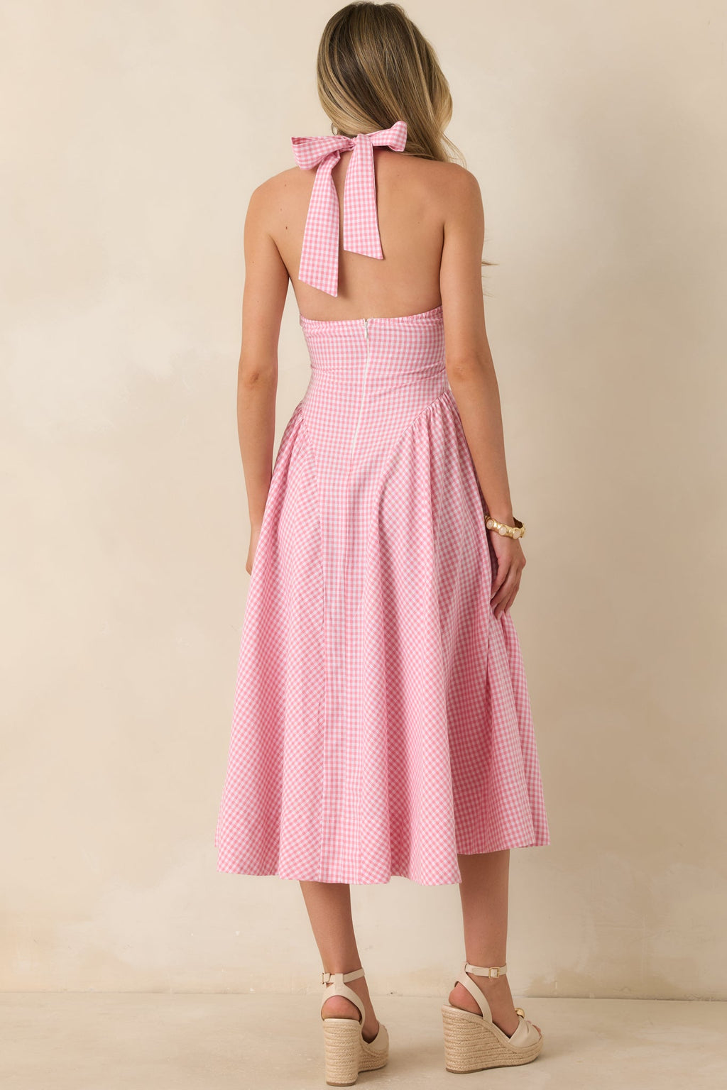 ASTR The Label Meana Pink Cotton Gingham Halter Midi Dress