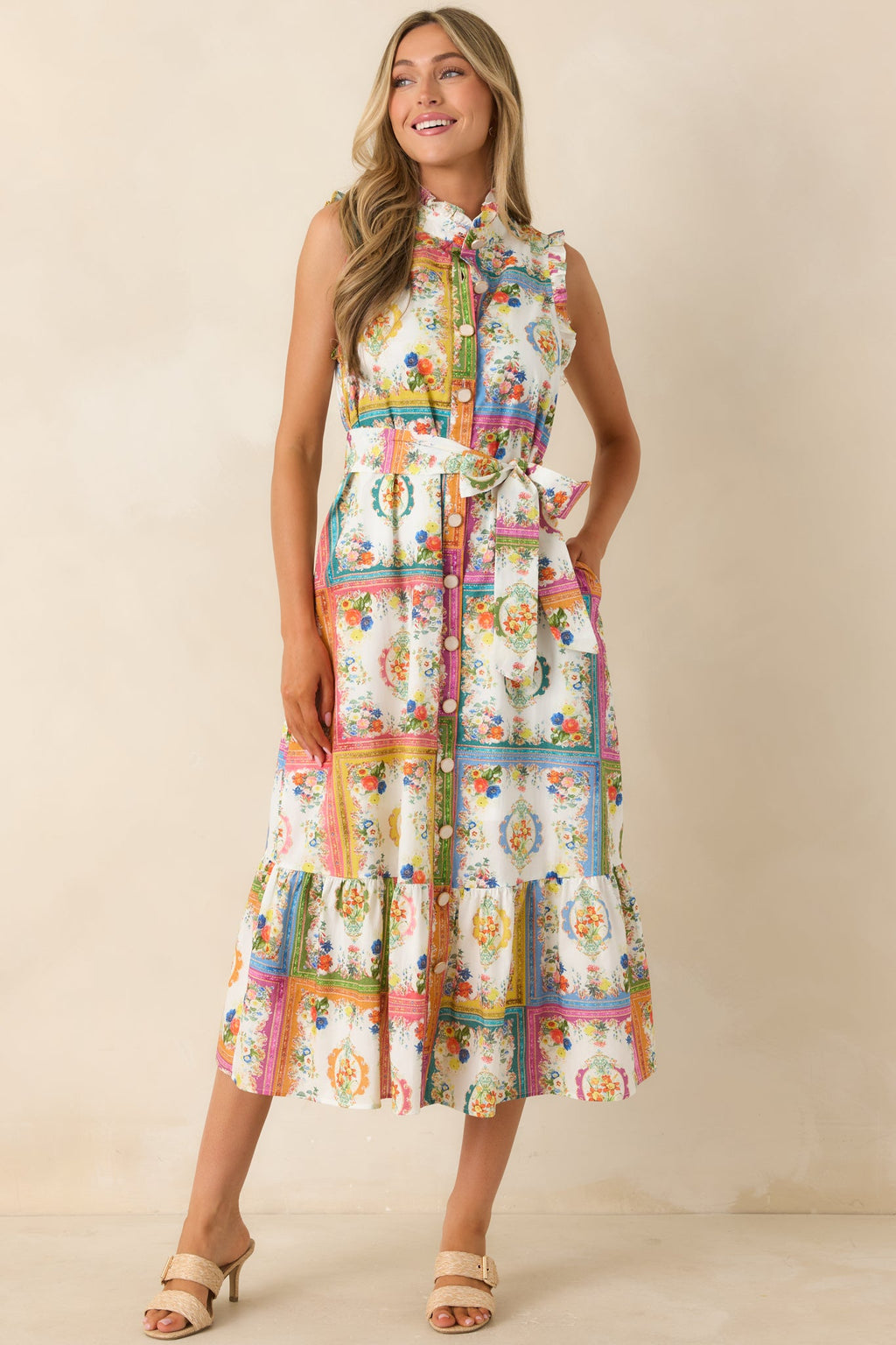 Framed in Love Multi Floral Tile Print Midi Dress