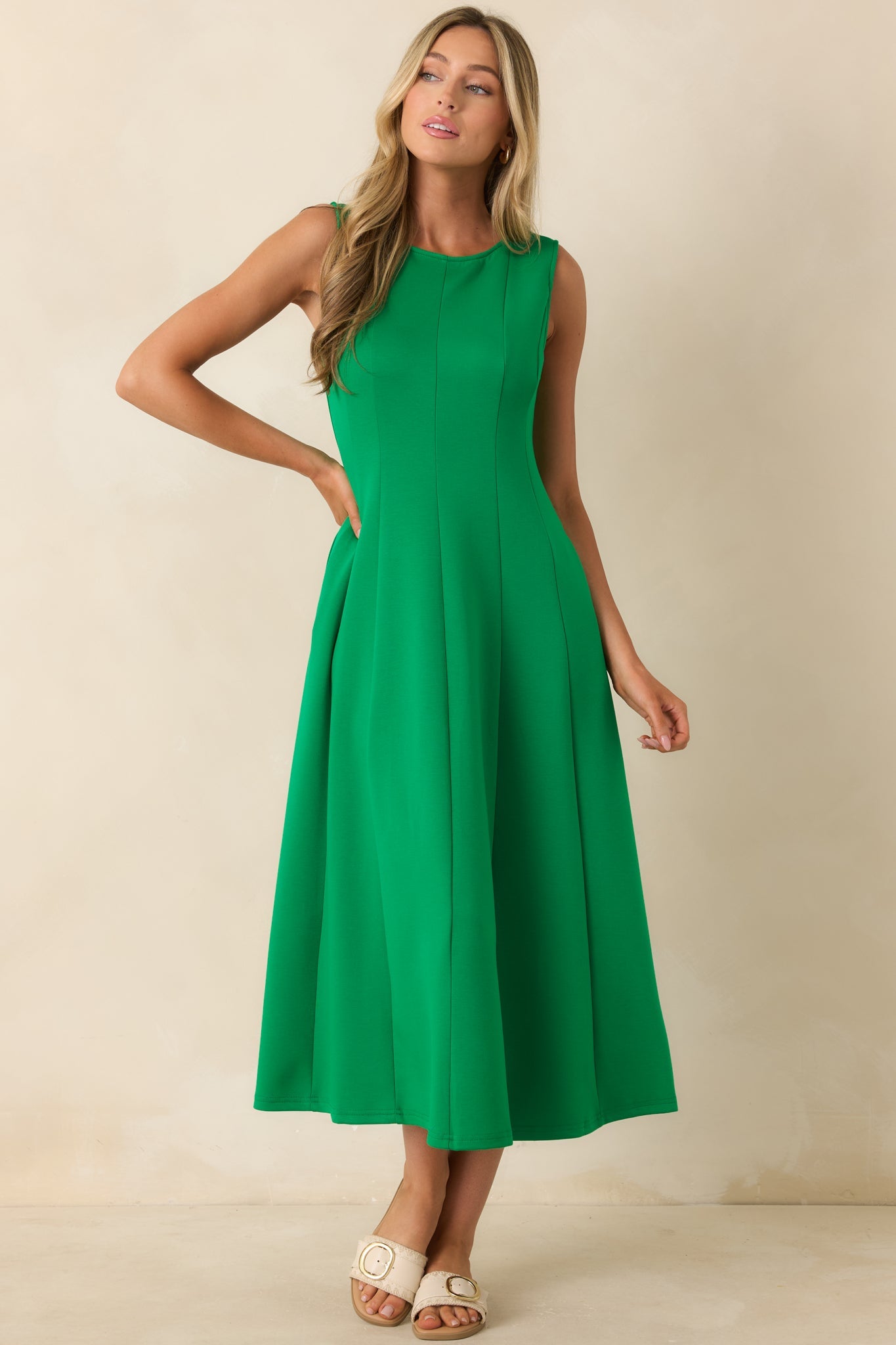 Soft Landing Green Paneled Sleeveless Midi Dress