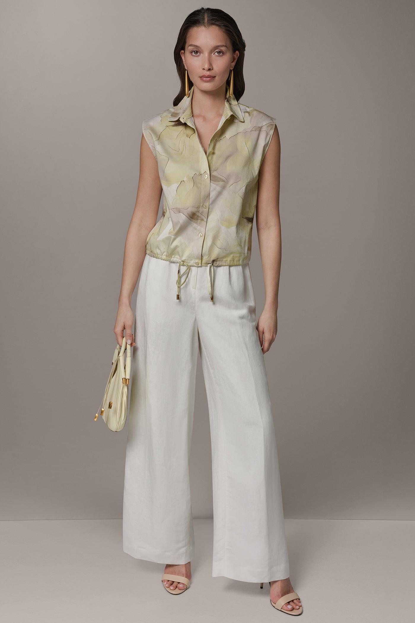 SLEEVELESS PRINT DRAWSTRING HEM BLOUSE