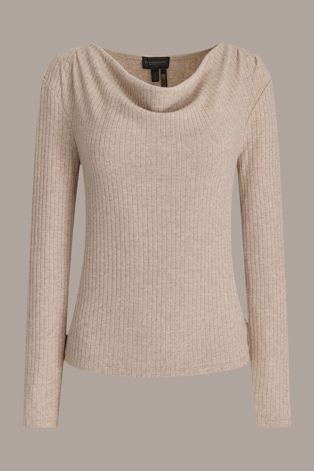 METALLIC COWL-NECK RIB-KNIT BLOUSE