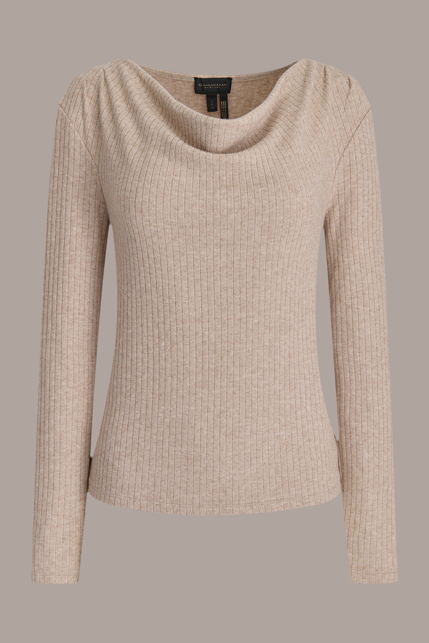 METALLIC COWL-NECK RIB-KNIT BLOUSE
