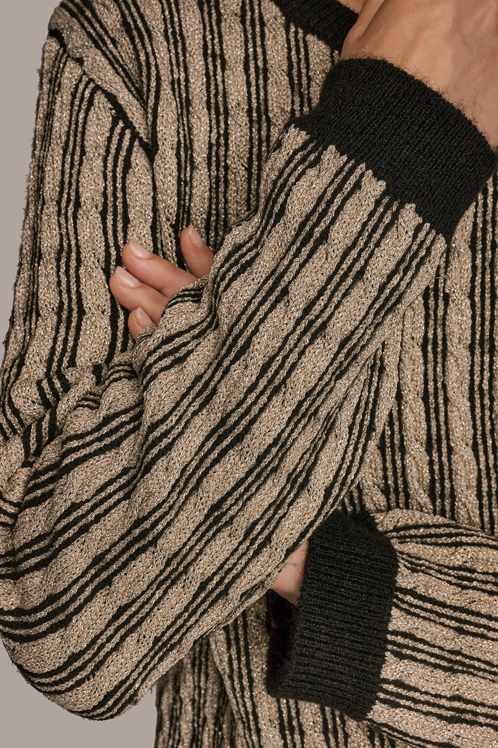 METALLIC TWO-TONE CABLE-KNIT SWEATER