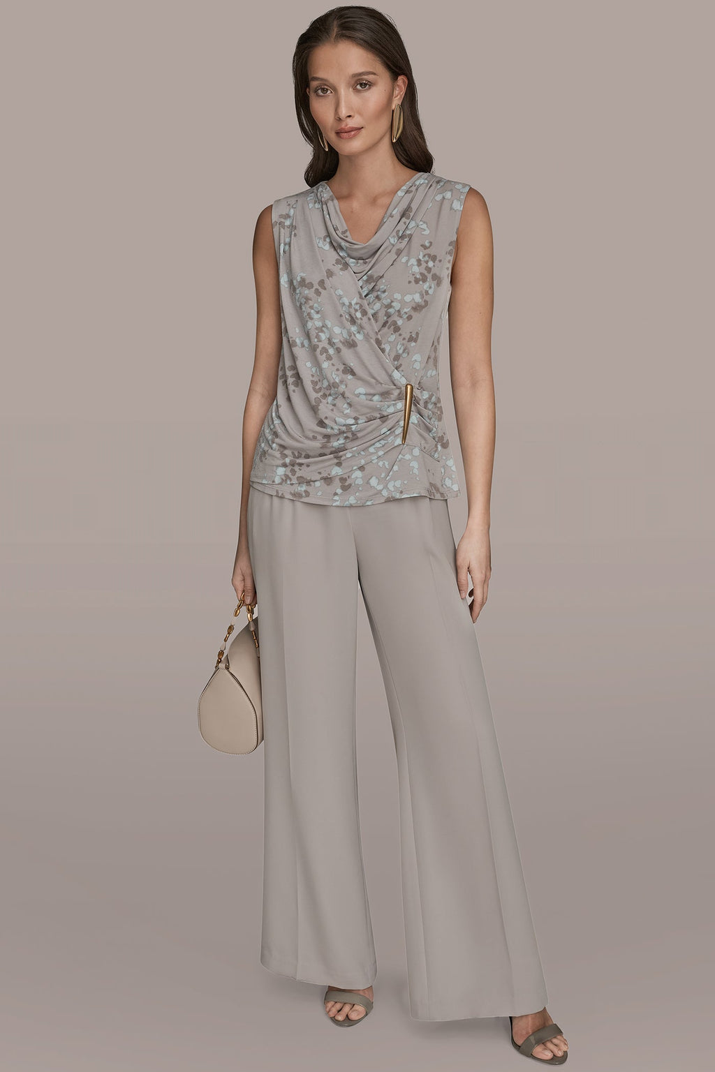 PRINTED SLEEVELESS COWL-NECK WRAP TOP