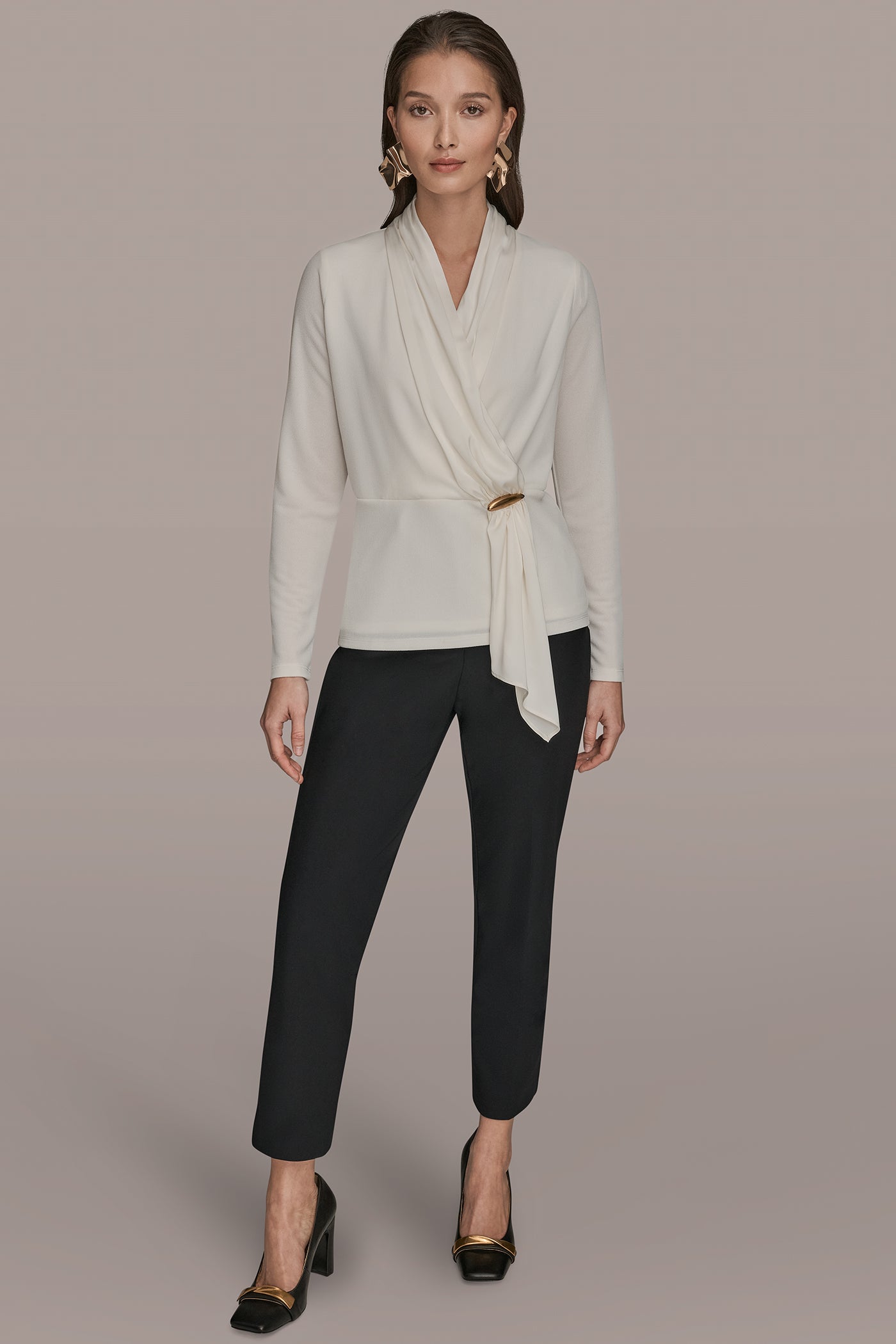LONG SLEEVE SHAWL-NECK SATIN BLOUSE