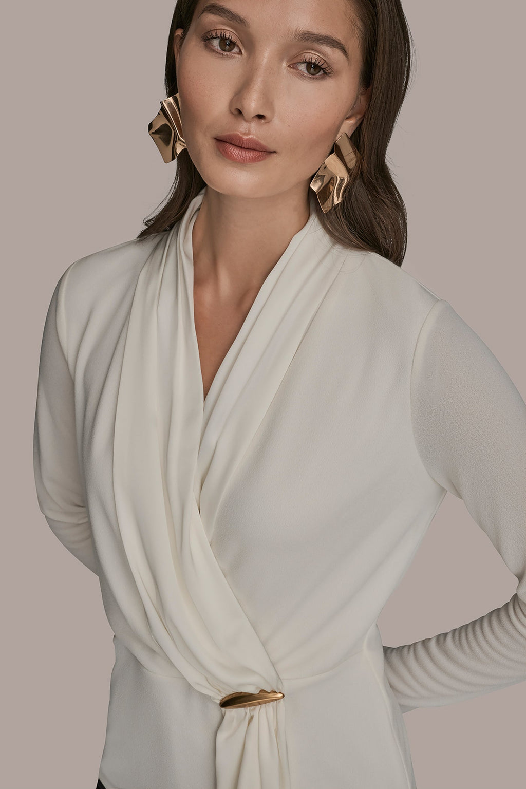 LONG SLEEVE SHAWL-NECK SATIN BLOUSE