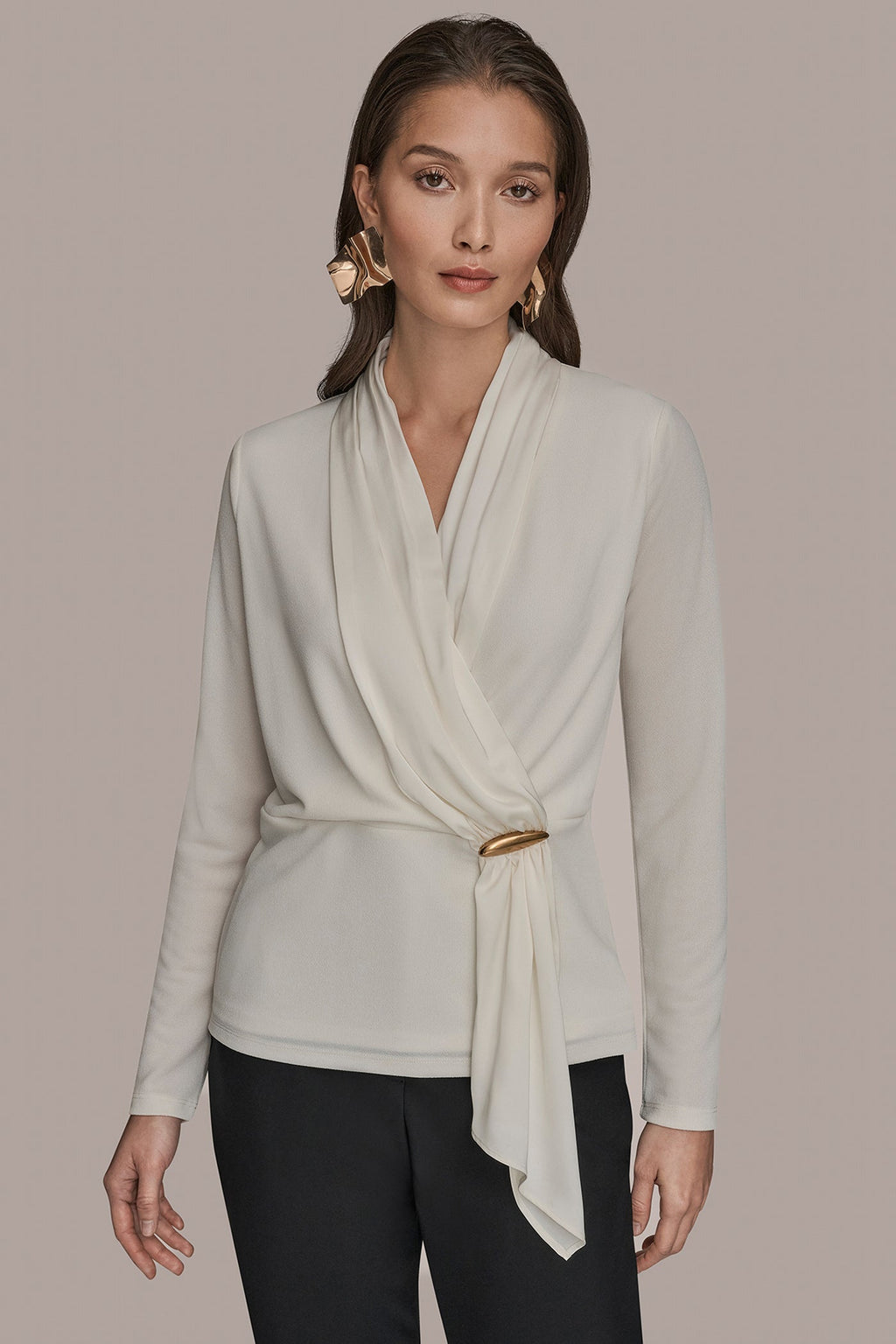 LONG SLEEVE SHAWL-NECK SATIN BLOUSE