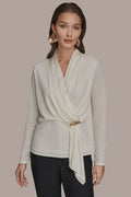 LONG SLEEVE SHAWL-NECK SATIN BLOUSE