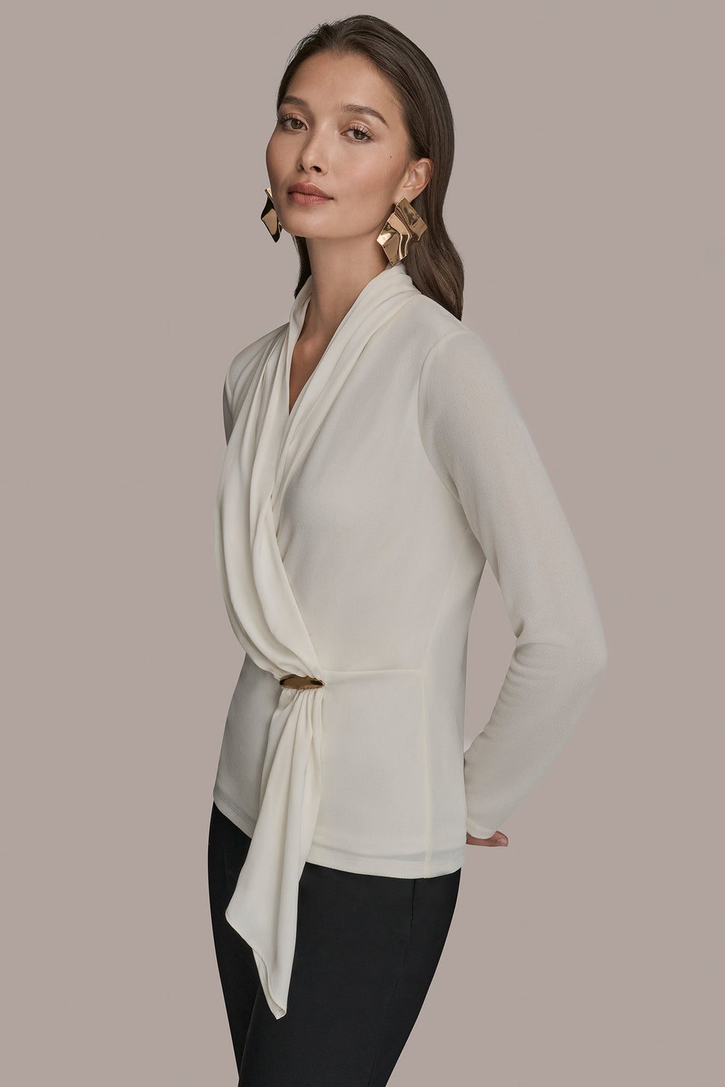 LONG SLEEVE SHAWL-NECK SATIN BLOUSE