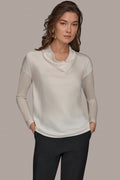 LONG SLEEVE COWL-NECK MIXED-MEDIA SWEATER
