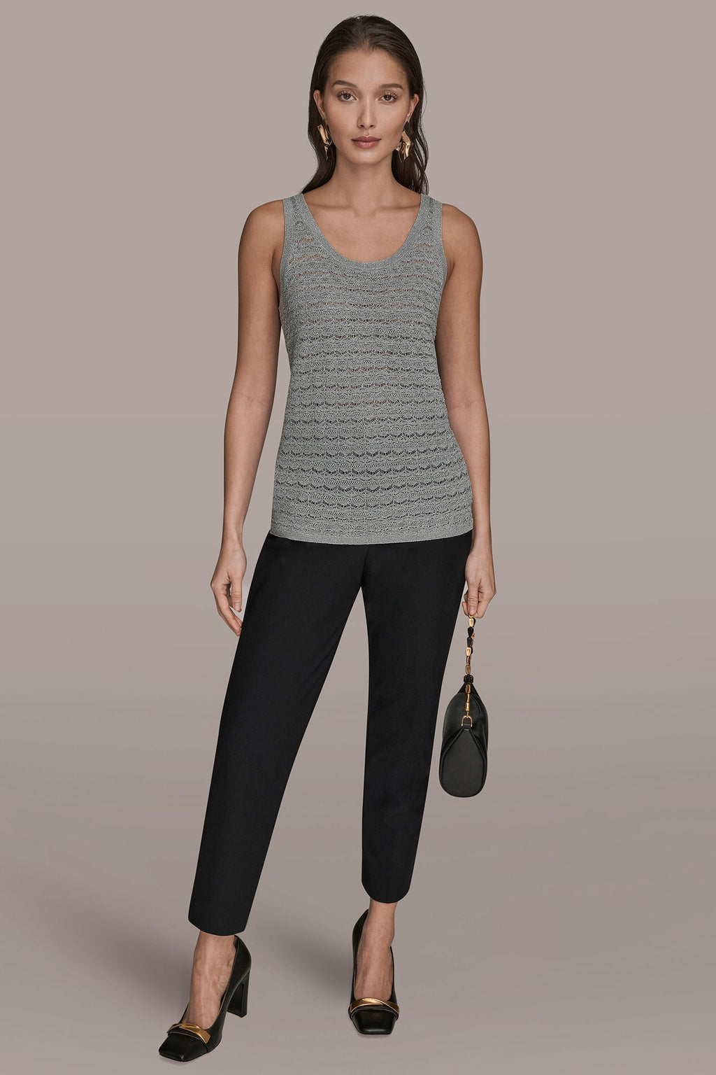 SLEEVELESS SCOOP-NECK POINTELLE SHELL SWEATER