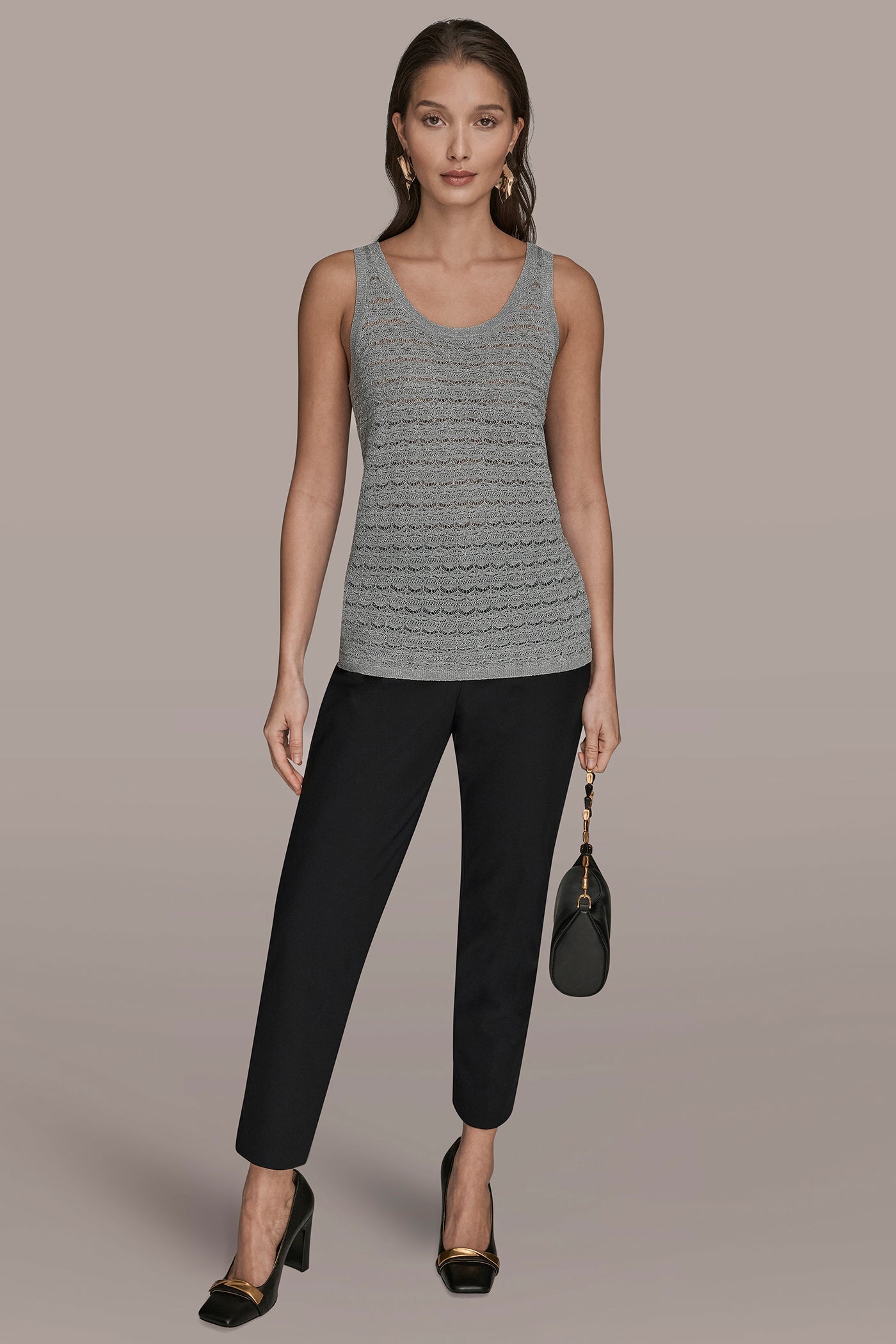 SLEEVELESS SCOOP-NECK POINTELLE SHELL SWEATER