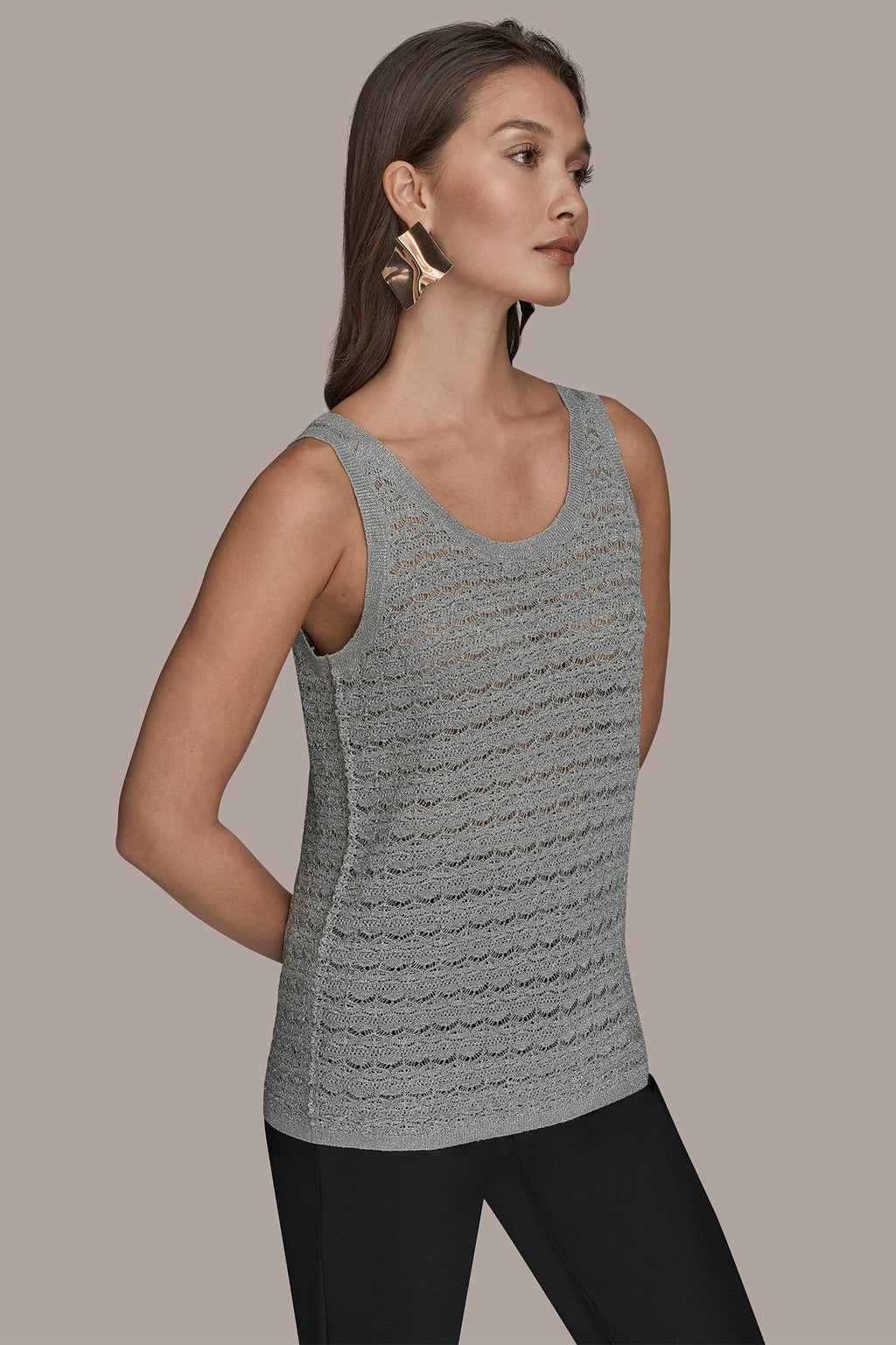 SLEEVELESS SCOOP-NECK POINTELLE SHELL SWEATER