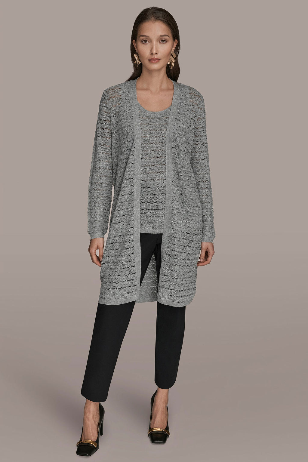 METALLIC POINTELLE LONG OPEN CARDIGAN
