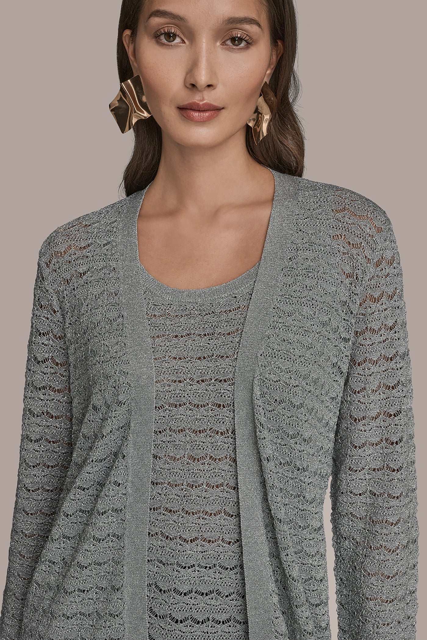 METALLIC POINTELLE LONG OPEN CARDIGAN