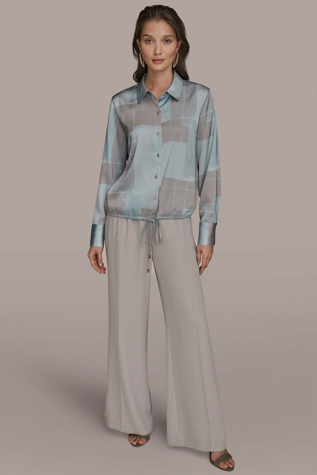 LONG-SLEEVE PRINTED DRAWSTRING BLOUSE