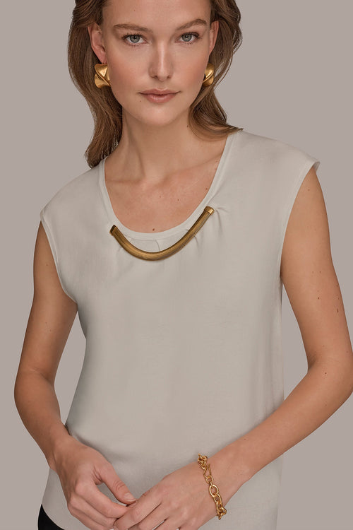 CAP SLEEVE METALLIC TRIM SWEATER