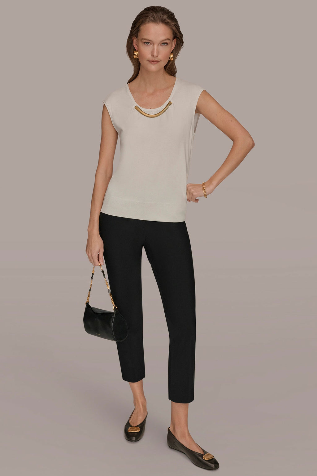 CAP SLEEVE METALLIC TRIM SWEATER