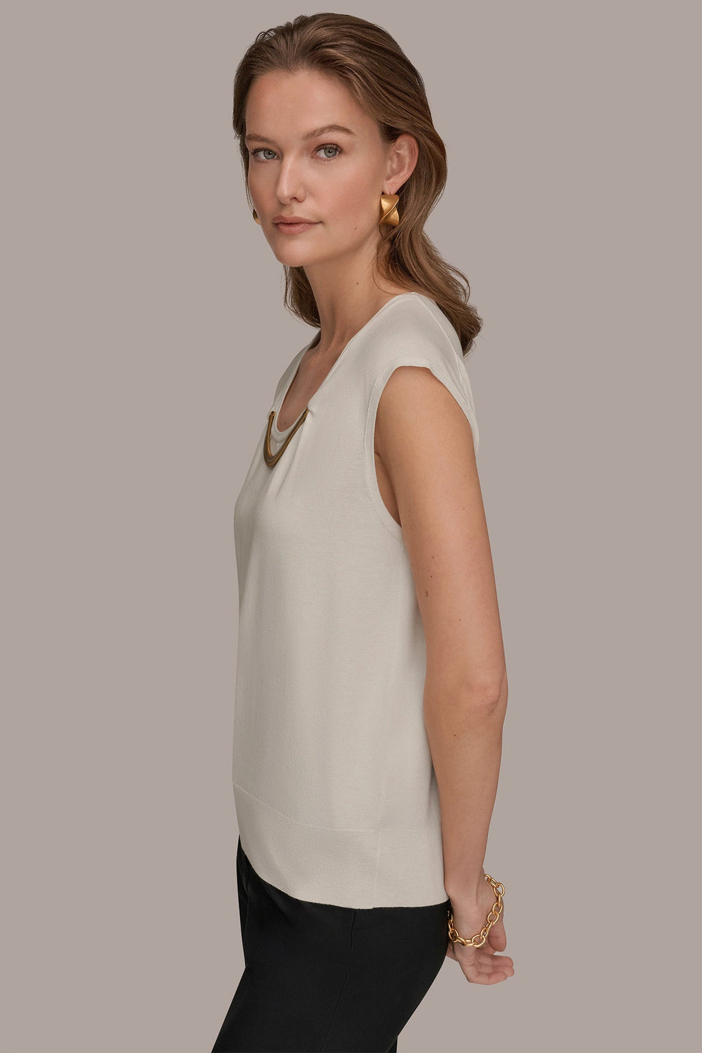 CAP SLEEVE METALLIC TRIM SWEATER