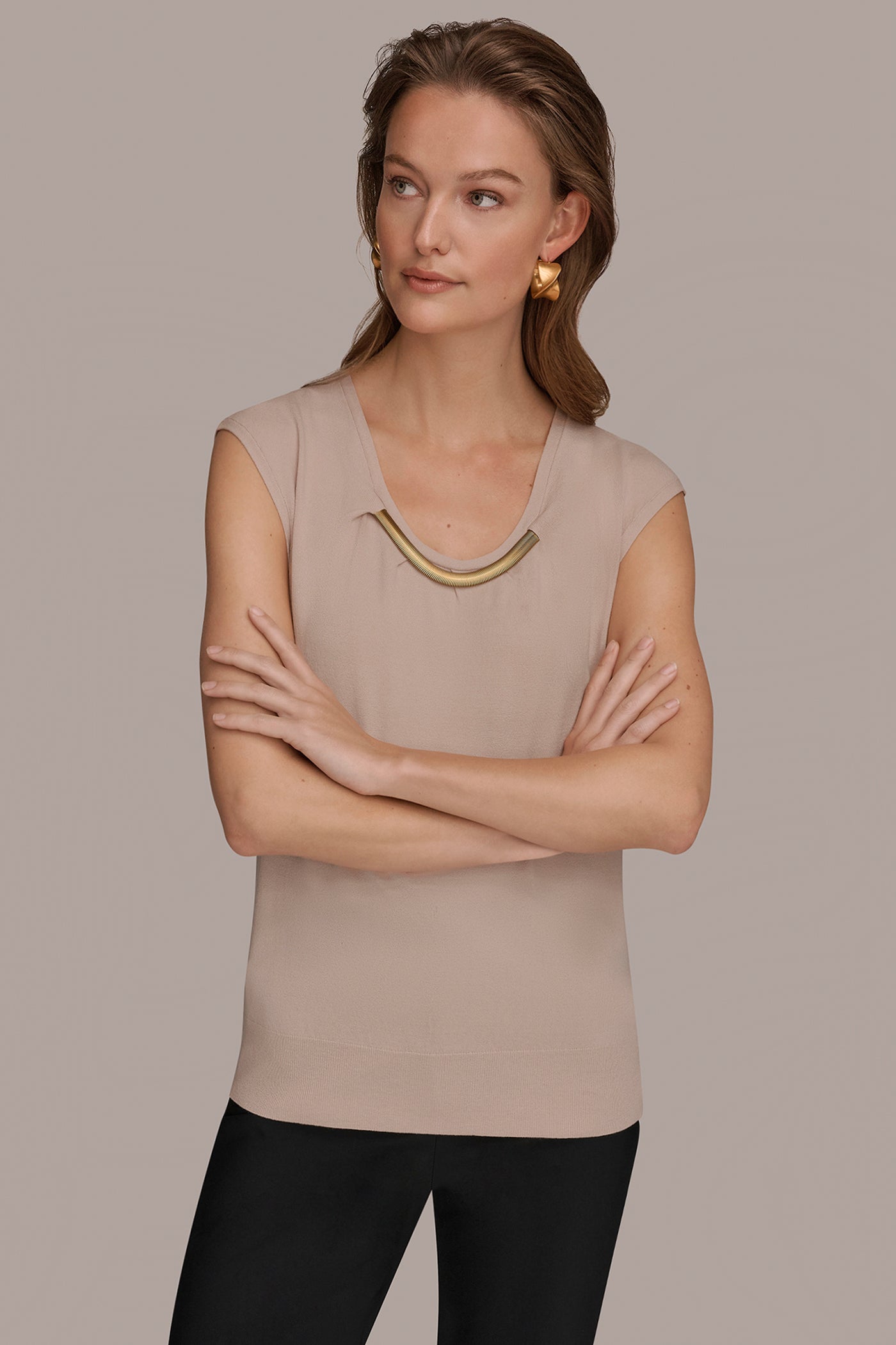 CAP SLEEVE METALLIC TRIM SWEATER