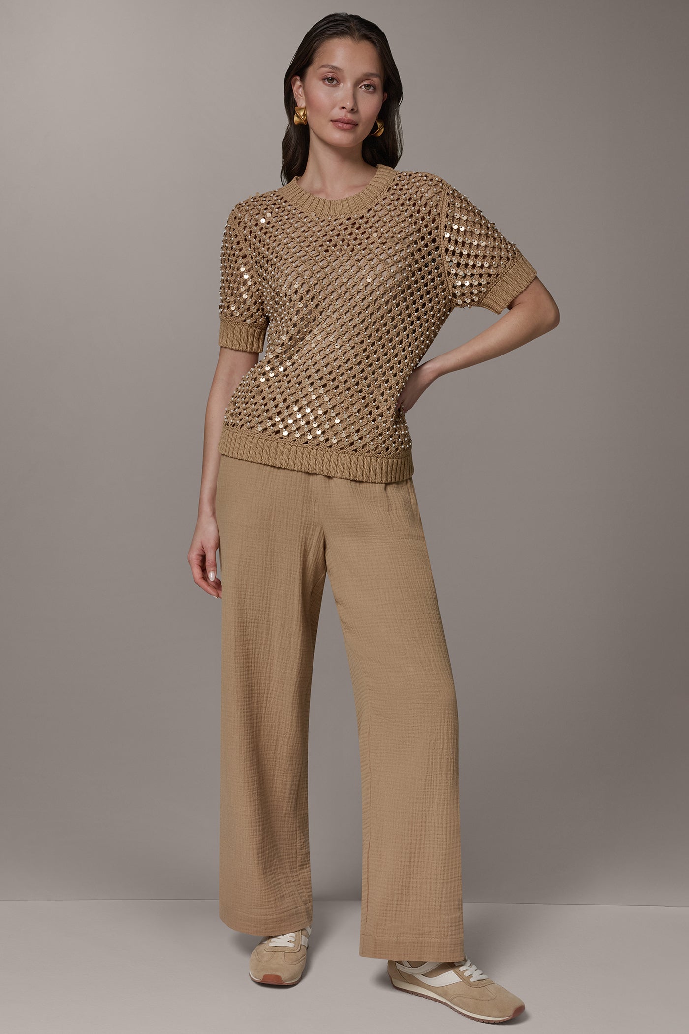 SHORT SLEEVE PEARL SEQUIN SWEATER