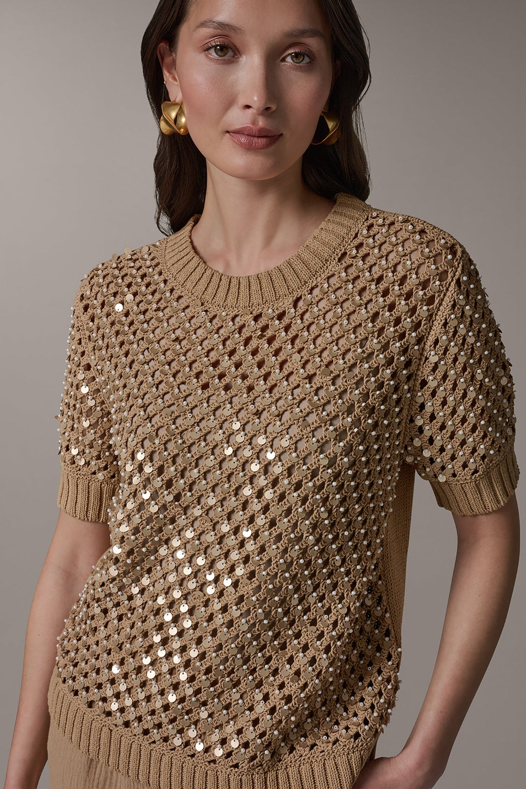 SHORT SLEEVE PEARL SEQUIN SWEATER