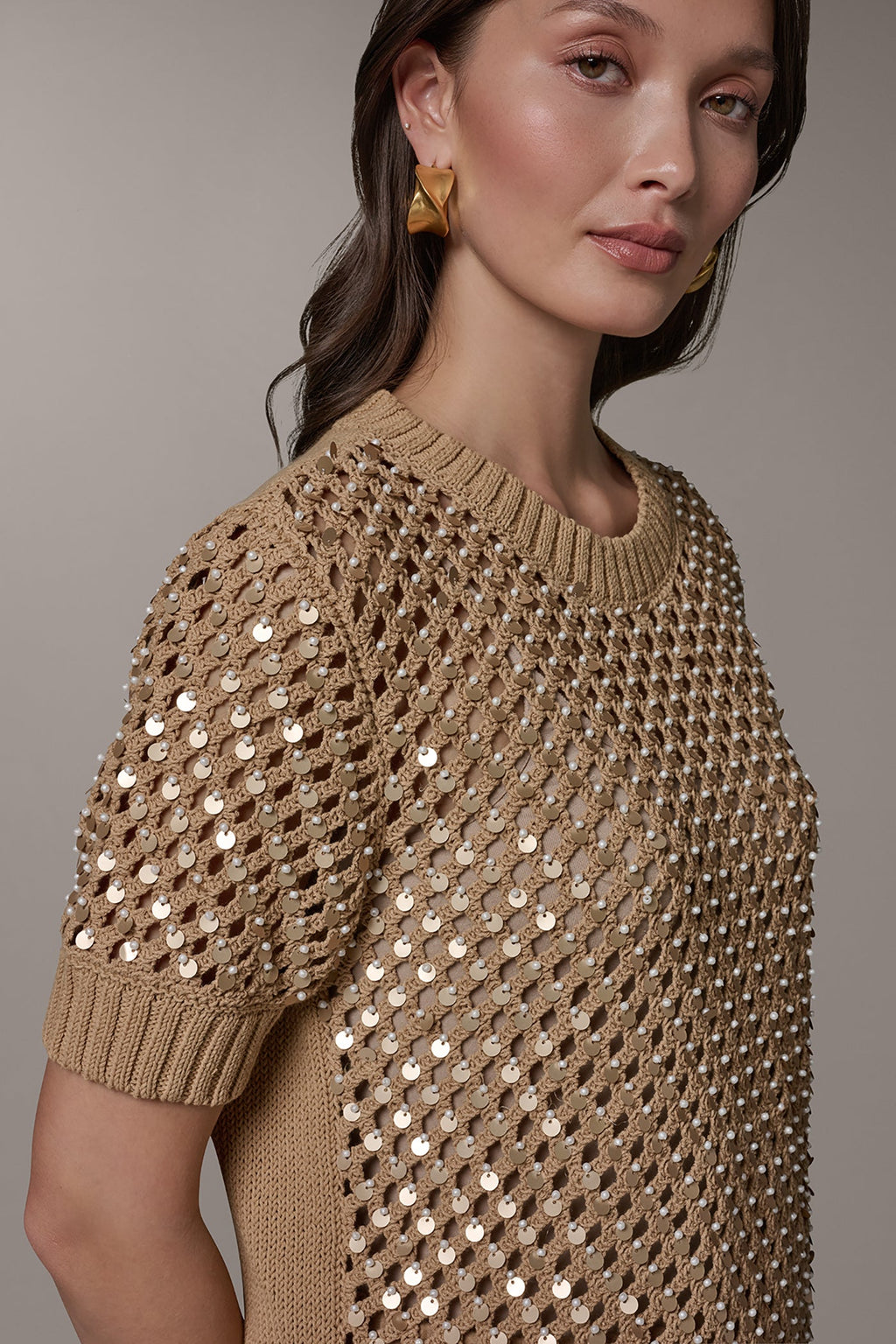 SHORT SLEEVE PEARL SEQUIN SWEATER