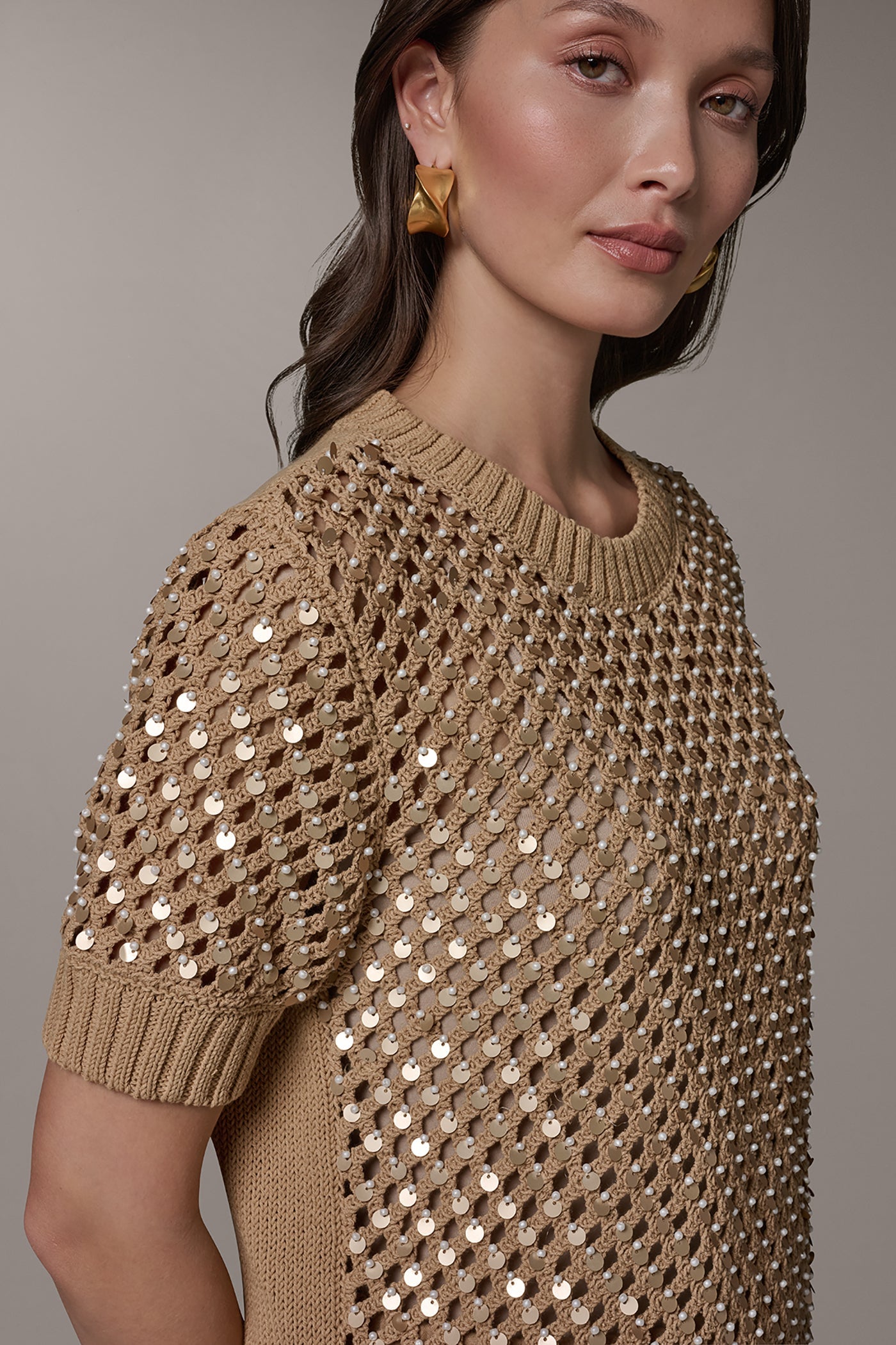 SHORT SLEEVE PEARL SEQUIN SWEATER