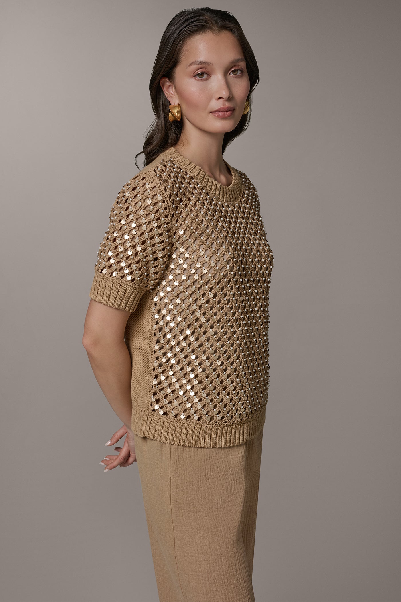 SHORT SLEEVE PEARL SEQUIN SWEATER