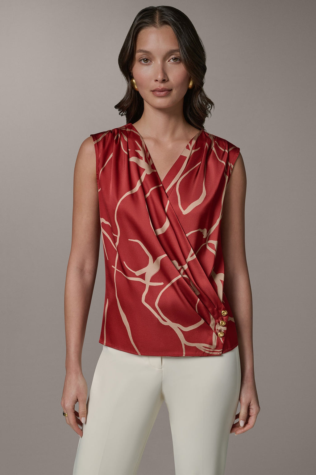 SLEEVELESS WRAP EFFECT PRINT BLOUSE