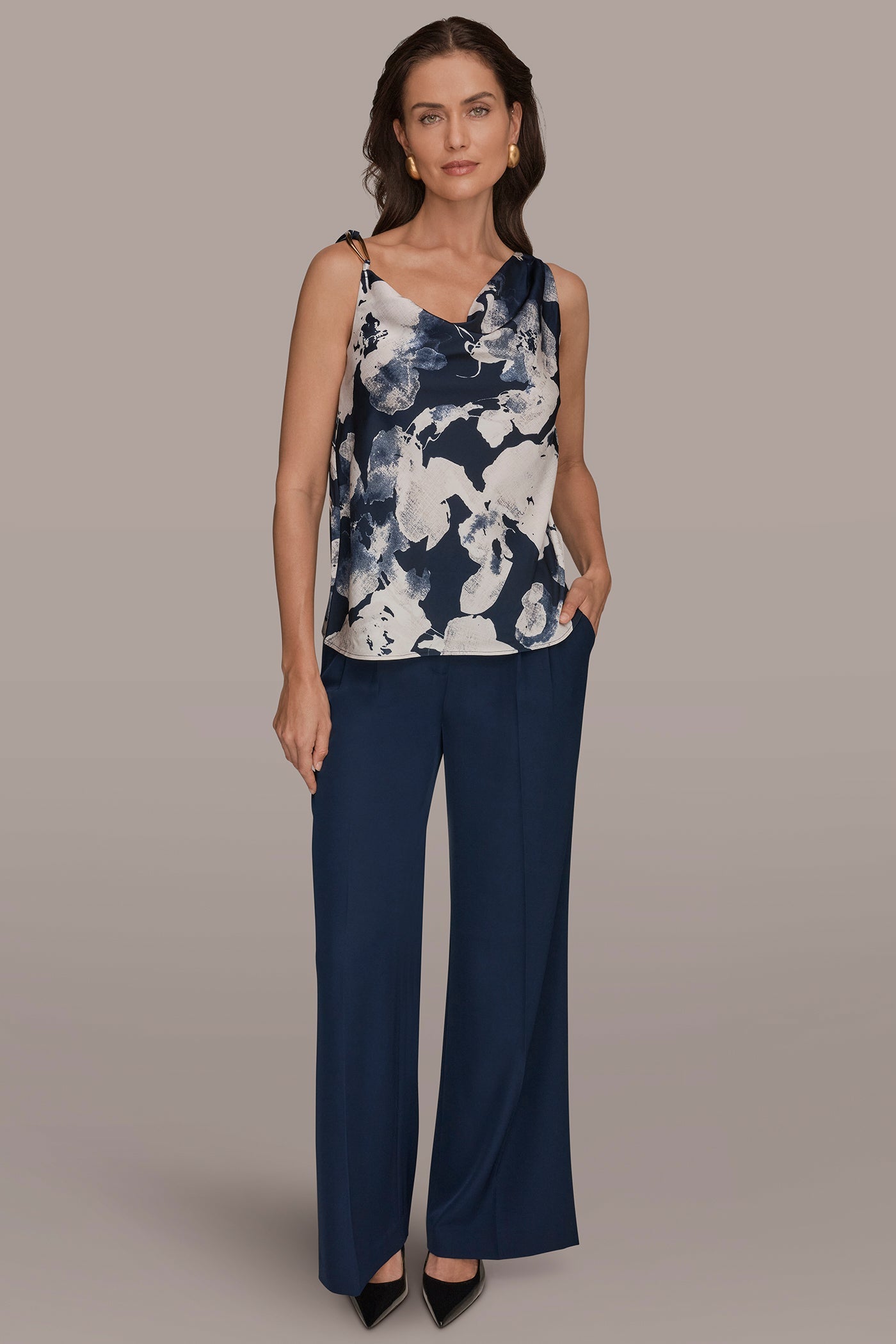 SATIN FLORAL COWL-NECK CUTOUT SHOULDER CAMI