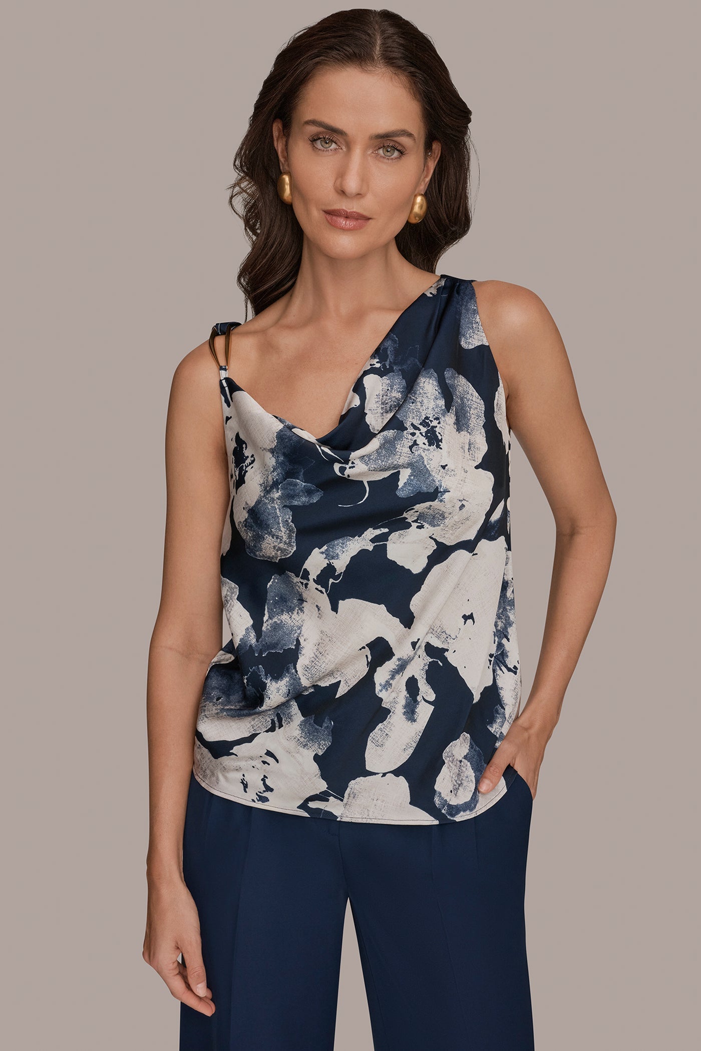 SATIN FLORAL COWL-NECK CUTOUT SHOULDER CAMI