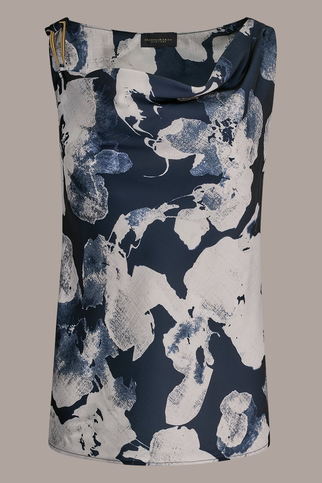 SATIN FLORAL COWL-NECK CUTOUT SHOULDER CAMI