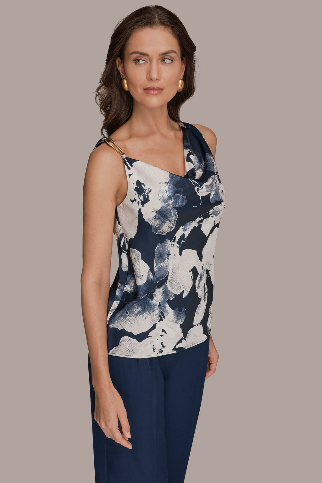 SATIN FLORAL COWL-NECK CUTOUT SHOULDER CAMI