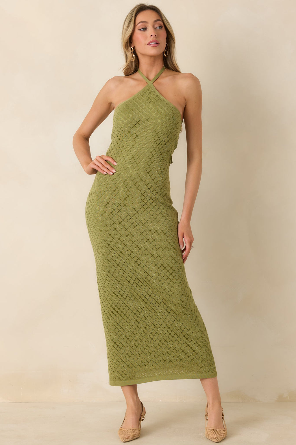 Causing a Heatwave Olive Green Textured Diamond Knit Halter Midi Dress
