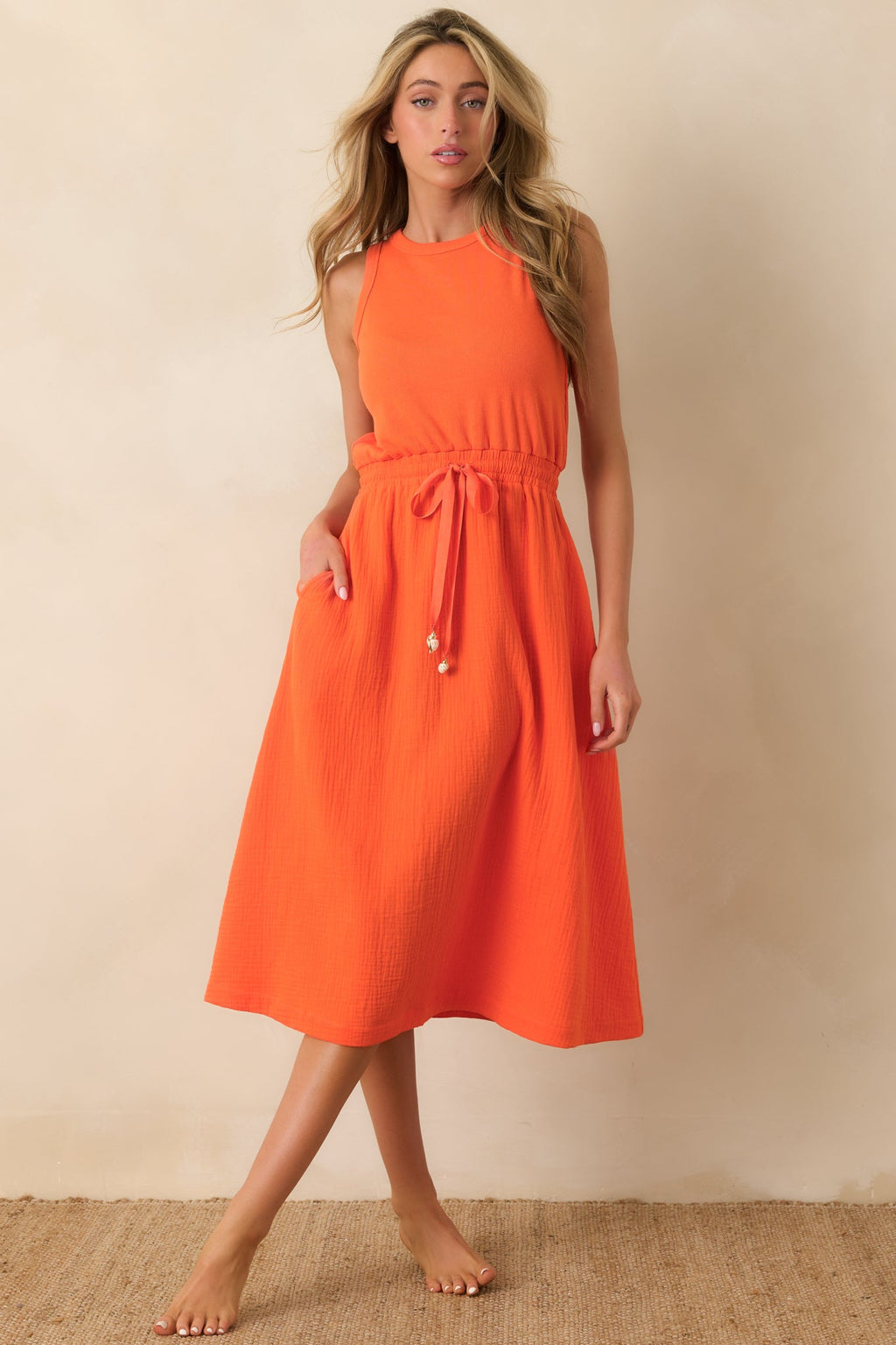 Paradisa Bonita Orange Cotton Sleeveless Midi Dress