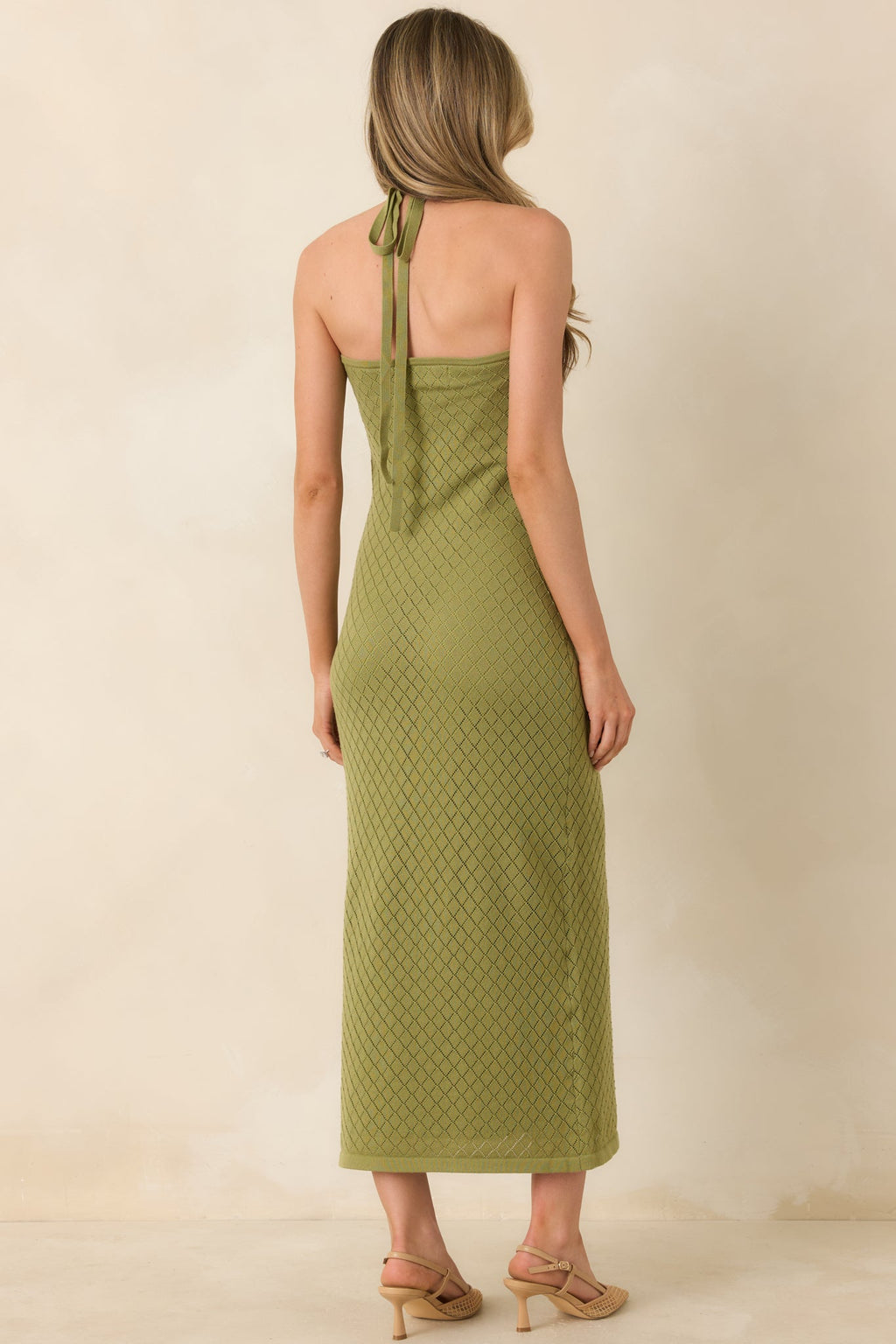 Causing a Heatwave Olive Green Textured Diamond Knit Halter Midi Dress