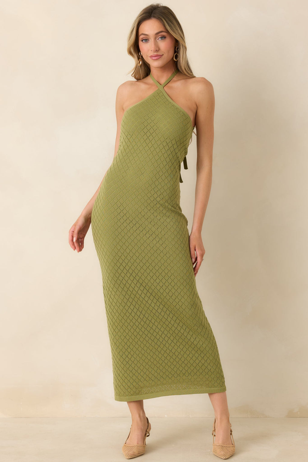 Causing a Heatwave Olive Green Textured Diamond Knit Halter Midi Dress